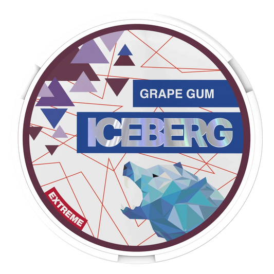 Round white container labelled Iceberg Grape Gum with a blue geometric polar bear and abstract design in purple and pink.
