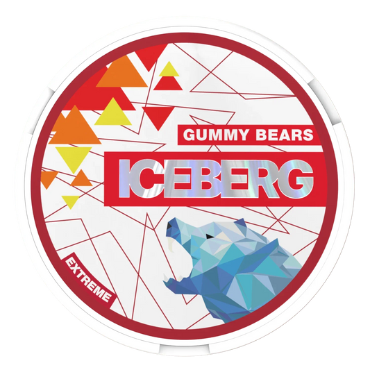 Round white container labelled Iceberg Gummy Bears with a blue geometric polar bear and abstract design in red, orange, and yellow.