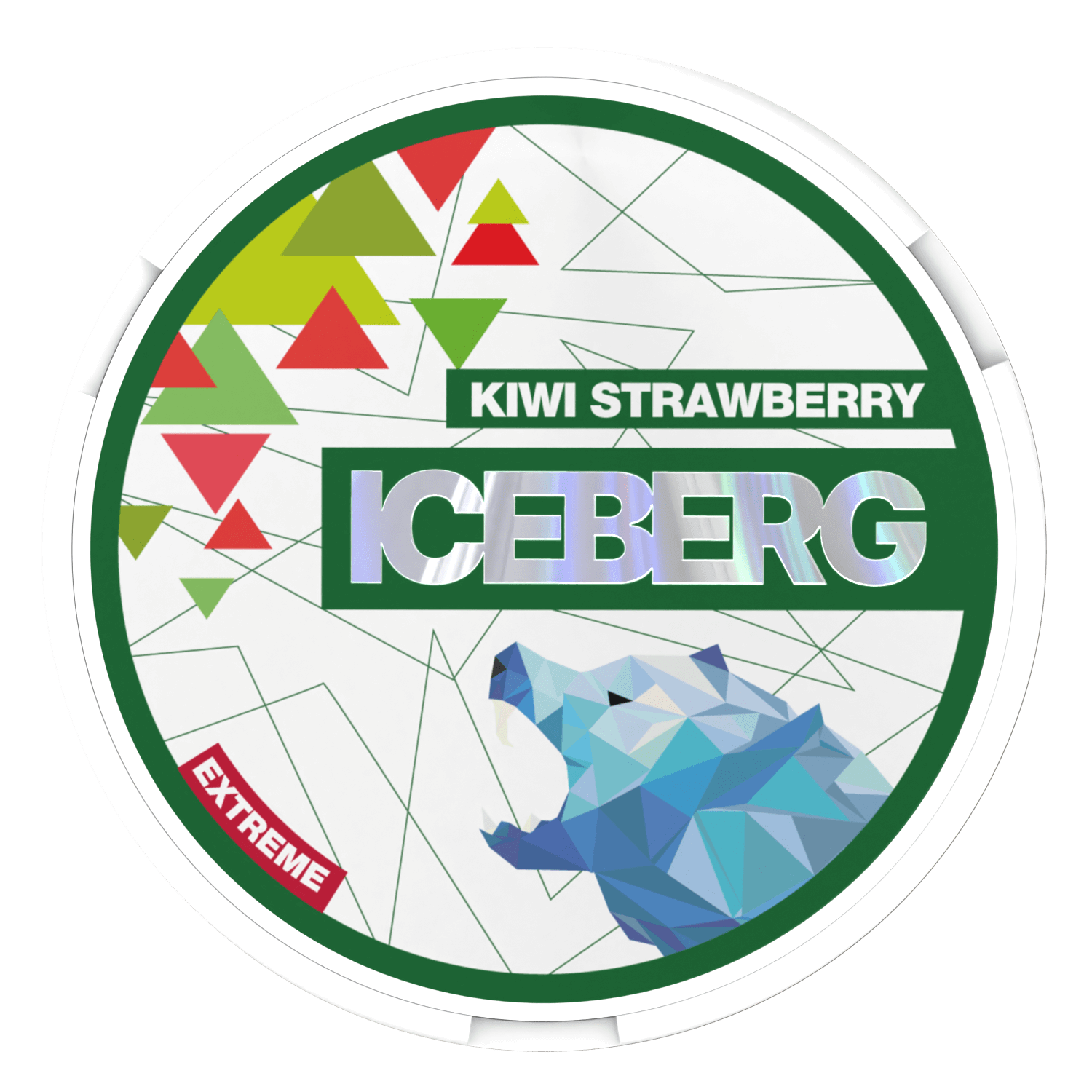 A round container labelled Iceberg Kiwi Strawberry with colourful images of strawberry and kiwi and a geometric polar bear in blue.