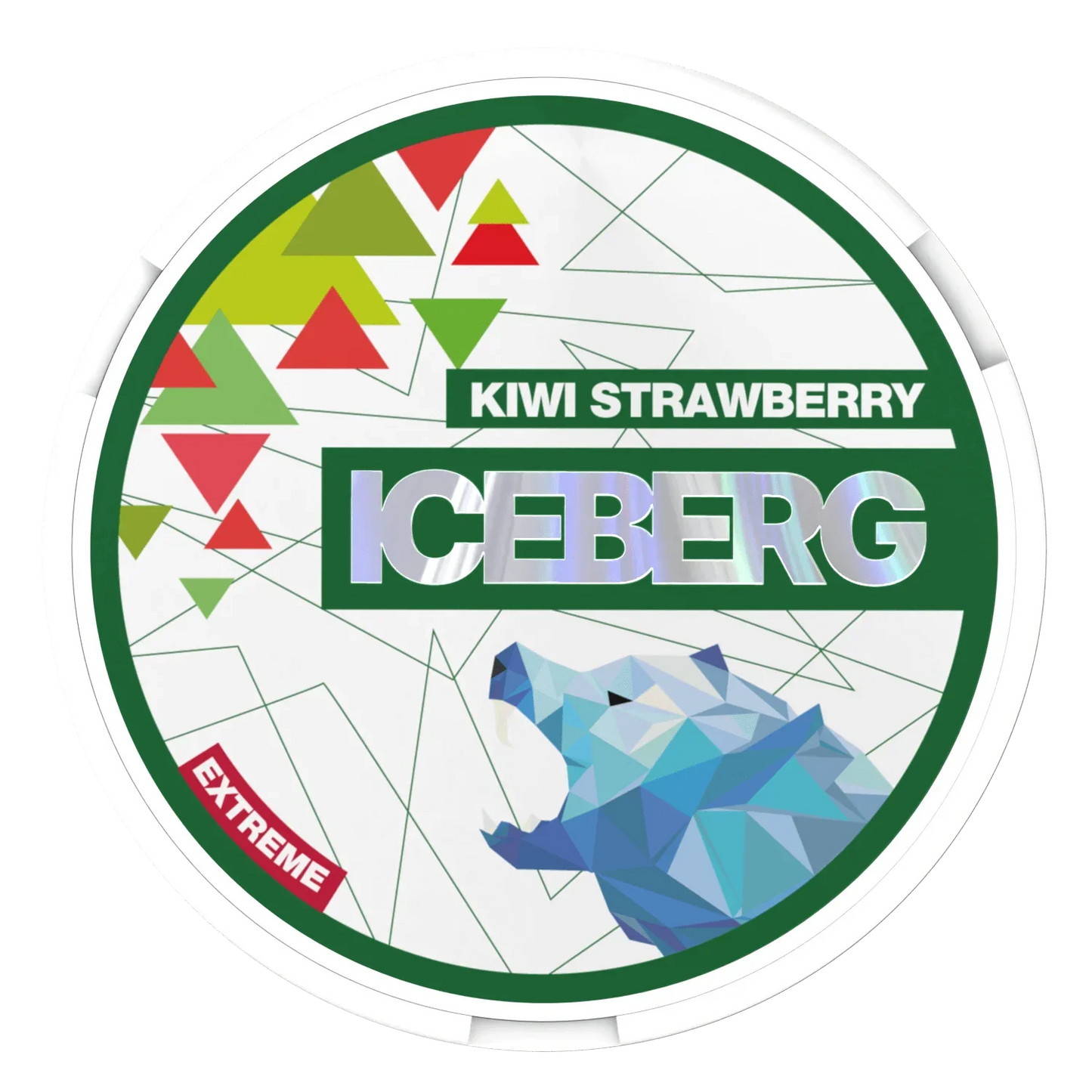 A round container labelled "Iceberg Kiwi Strawberry" with colourful images of strawberry and kiwi and a geometric polar bear in blue.