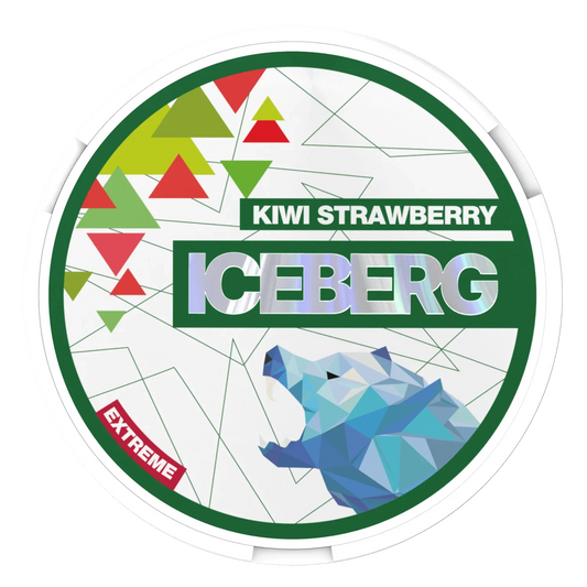 A round container labelled Iceberg Kiwi Strawberry with colourful images of strawberry and kiwi and a geometric polar bear in blue.