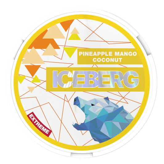 A round container labelled Iceberg Pineapple Mango Coconut with colourful images of pineapple, mango, and coconut and a geometric polar bear in blue.