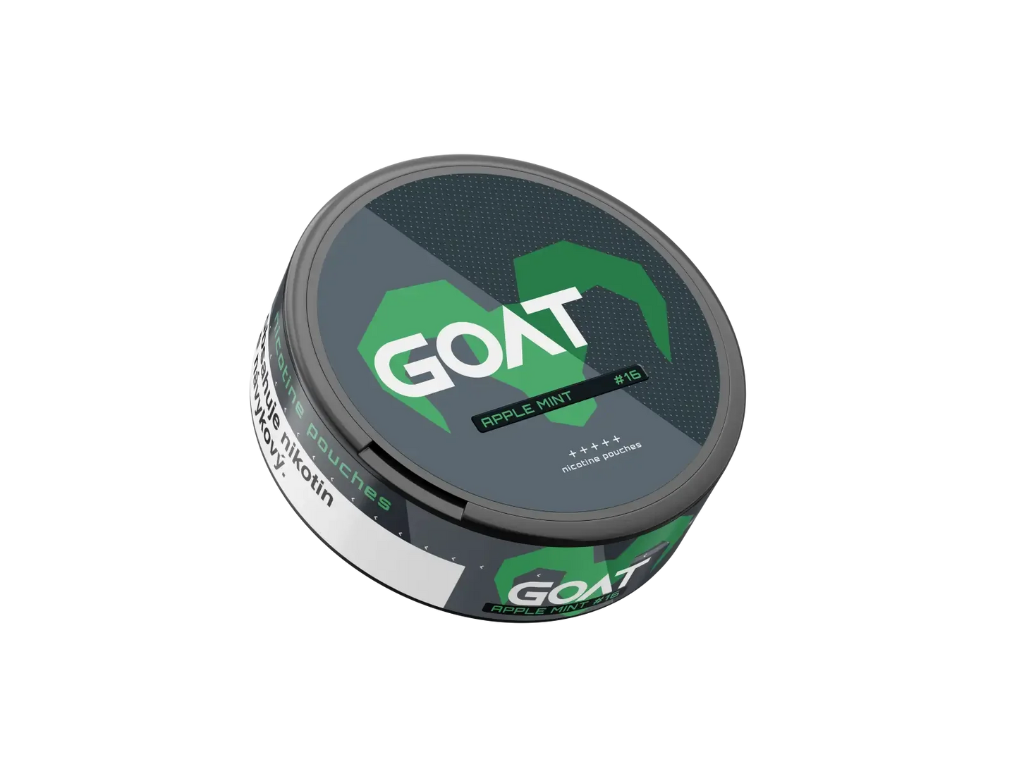 Round tin of GOAT Apple Mint #16 nicotine pouches tilted left at a slight angle with vivid green horn design visible.