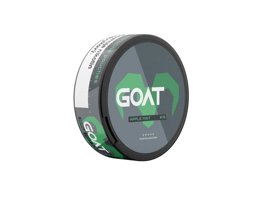 Round tin labelled GOAT Apple Mint #16 nicotine pouches with bright green goat horn design on a dark background.
