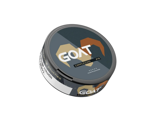 Round tin labelled GOAT Cappuccino #16 nicotine pouches with stylised goat horn design in beige and brown on dark background.
