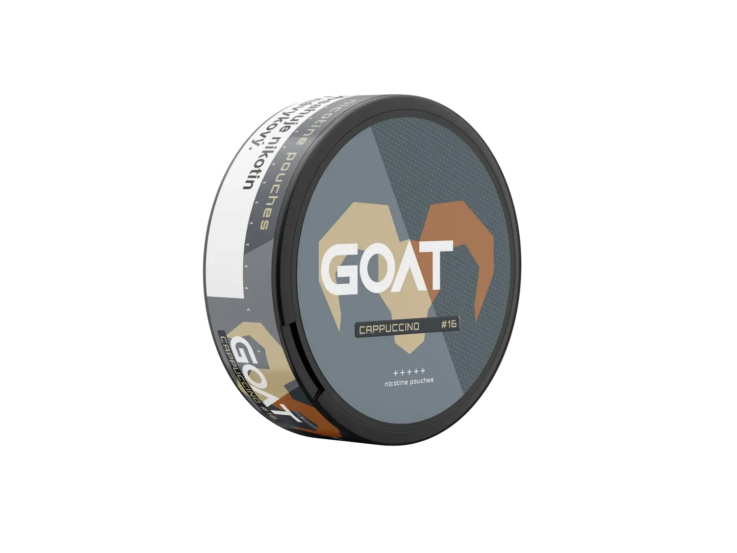 Round tin of GOAT Cappuccino #16 nicotine pouches upright on its left edge, showing bold horn design clearly.