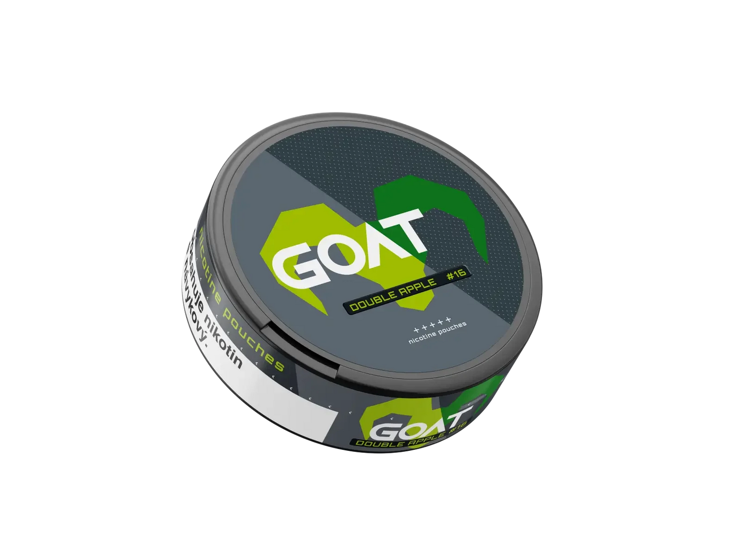 Round tin of GOAT Double Apple #16 nicotine pouches tilted left at a slight angle with bright green horn design visible.