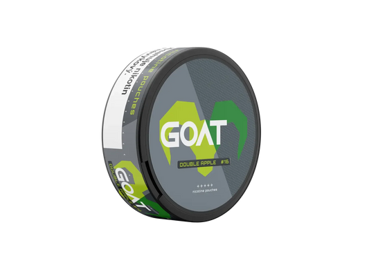 Round tin labelled GOAT Double Apple #16 nicotine pouches with bold green goat horn design on a dark background.