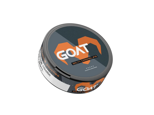 GOAT Salty Caramel #16 nicotine pouches with bold orange goat horn design on a dark background.