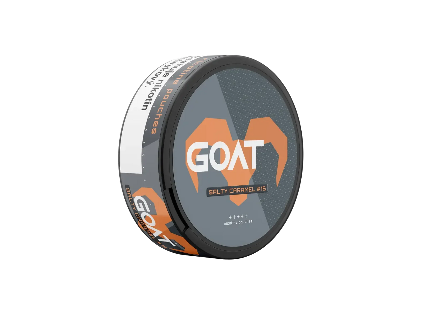 Round tin of GOAT Salty Caramel #16 nicotine pouches upright on its left edge, showing bold goat horn design.