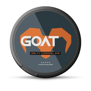 GOAT Salty Caramel #16" nicotine pouches with bold orange goat horn design on a dark background.