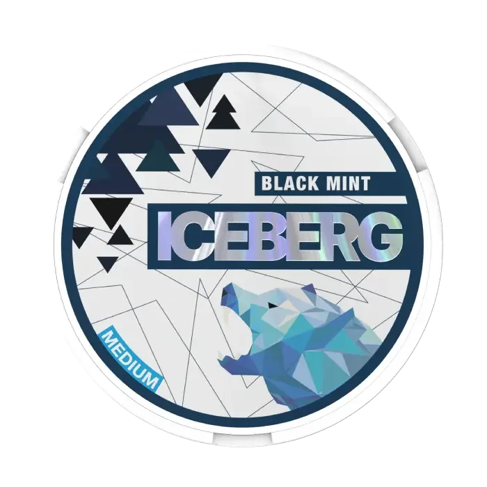 Iceberg Black Mint packaging with geometric design and bear illustration on a white background