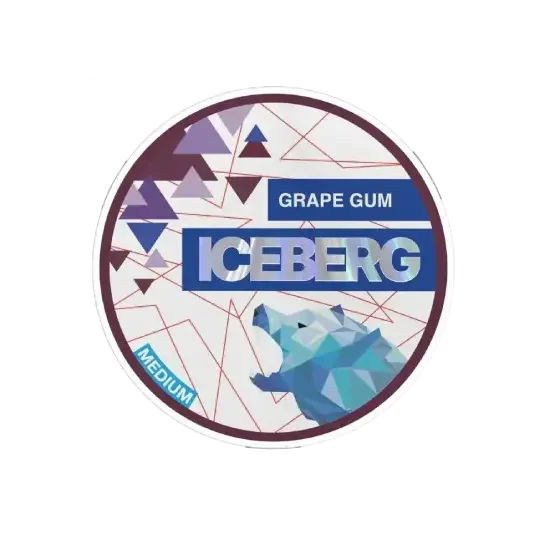 Iceberg grape gum packaging with geometric design and bear illustration on a white background
