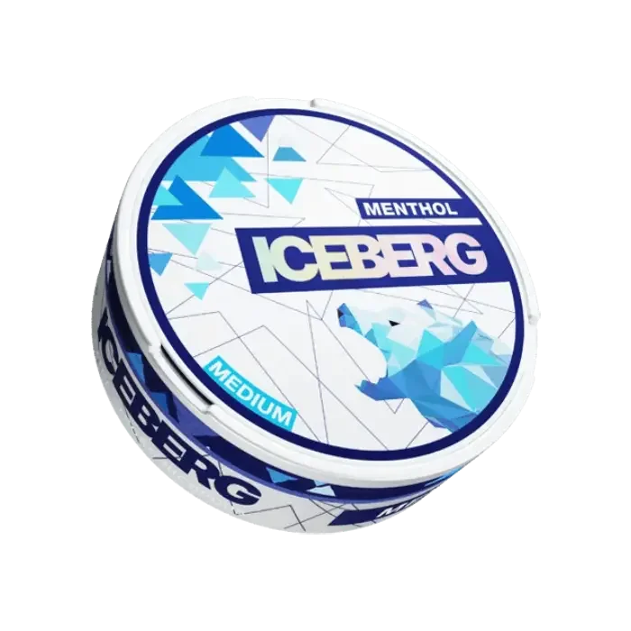 Iceberg menthol tobacco can with blue and white design on a white background