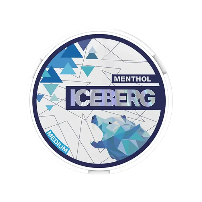 Iceberg Menthol packaging with geometric design and bear illustration on a white background