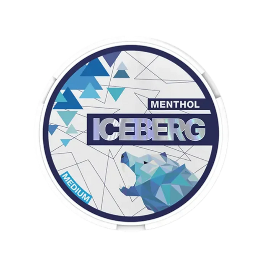 Iceberg menthol tobacco can with blue and white design on a white background