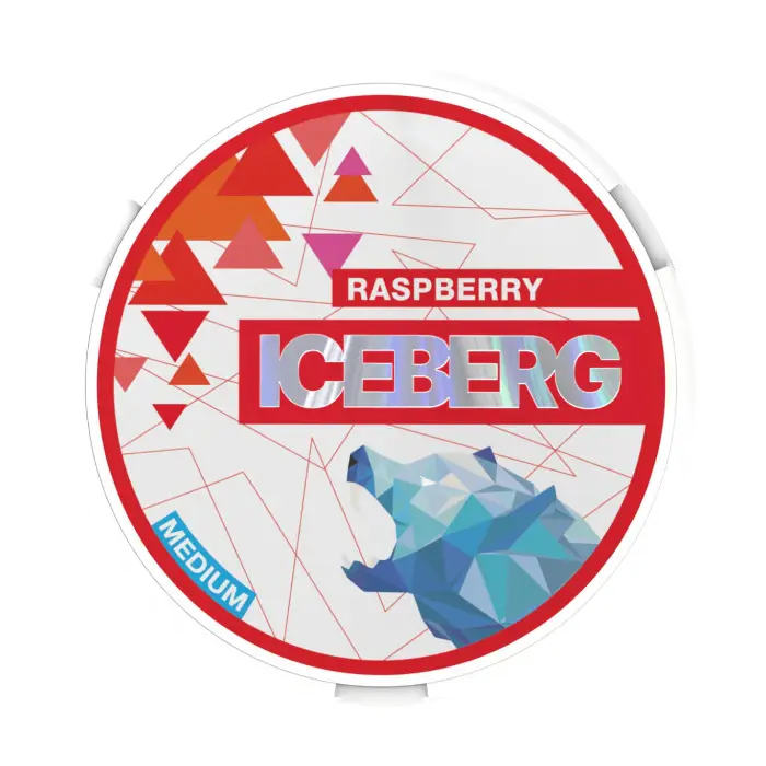 Iceberg Raspberry tin with holographic logo, red geometric triangles, blue polygonal polar bear, and Medium strength label.