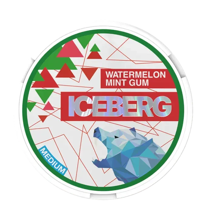 Iceberg Watermelon Mint Gum tin with geometric polar bear design, red and green triangles, and a "Medium" strength label.