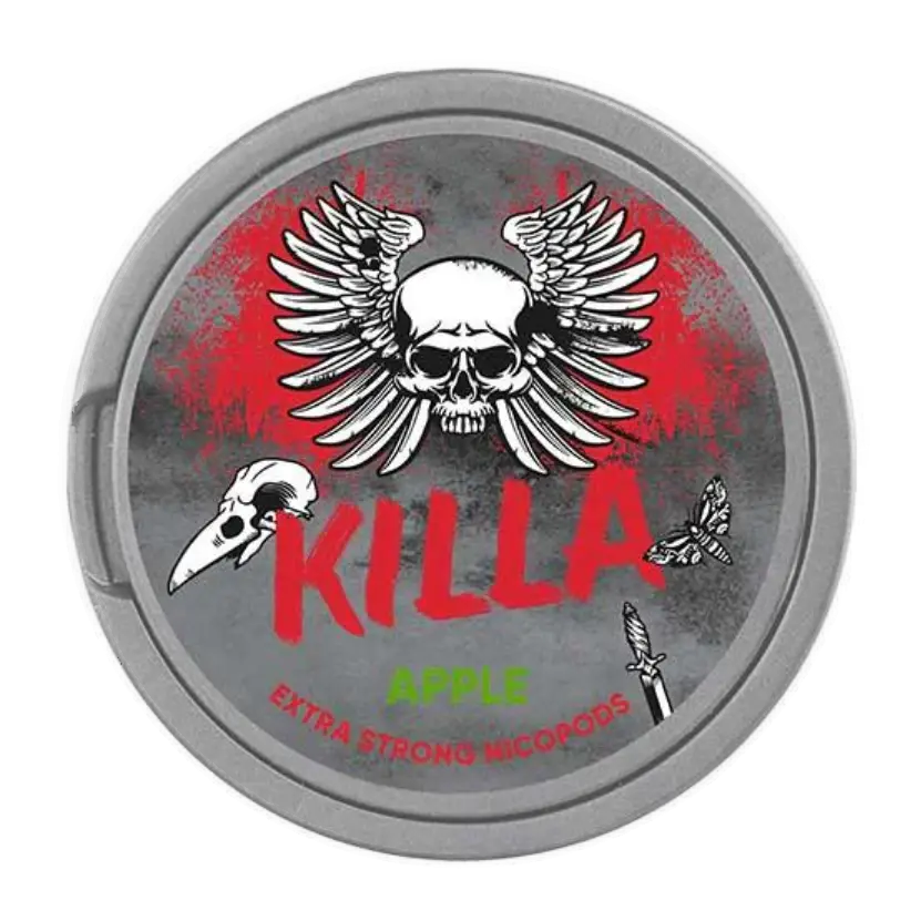 A round silver container with red paint splatter effect of KILLA Apple nicotine pouches. The lid design features a bold red "KILLA" logo, a winged skull, a raven skull, a butterfly, and a dagger.