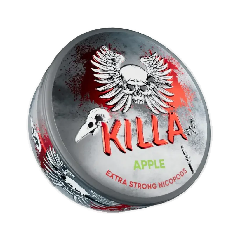 Grey and red tin with skull and wings design. Text: 'Killa' in red, 'Apple' in green, 'Extra Strong Nicopods' in red.