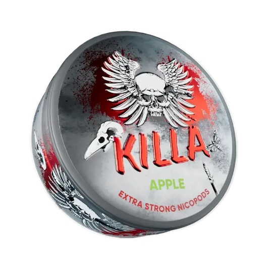 A round silver container with red paint splatter effect of KILLA Apple nicotine pouches. The lid design features a bold red KILLA logo, a winged skull, a raven skull, a butterfly, and a dagger.