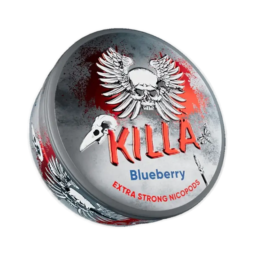 Grey and red tin with skull and wings design. Text: 'Killa' in red, 'Blueberry' in blue, 'Extra Strong Nicopods' in red.