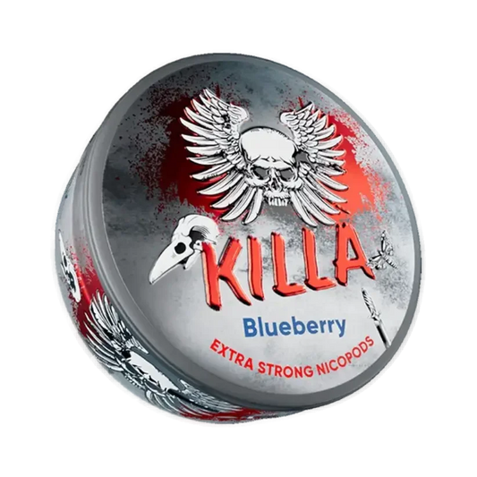 A round silver container with red paint splatter effect of KILLA Blueberry nicotine pouches. The lid design features a bold red KILLA logo, a winged skull, a raven skull, a butterfly, and a dagger.