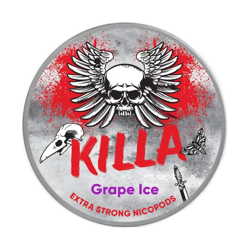 Circular tin with grey background, red splatter effects, white wings, and skull design. Text: 'Killa' and 'Grape Ice', with 'EXTREME' in red.