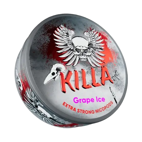 A round silver container with red paint splatter effect of KILLA Grape Ice nicotine pouches. The lid design features a bold red "KILLA" logo, a winged skull, a raven skull, a butterfly, and a dagger.