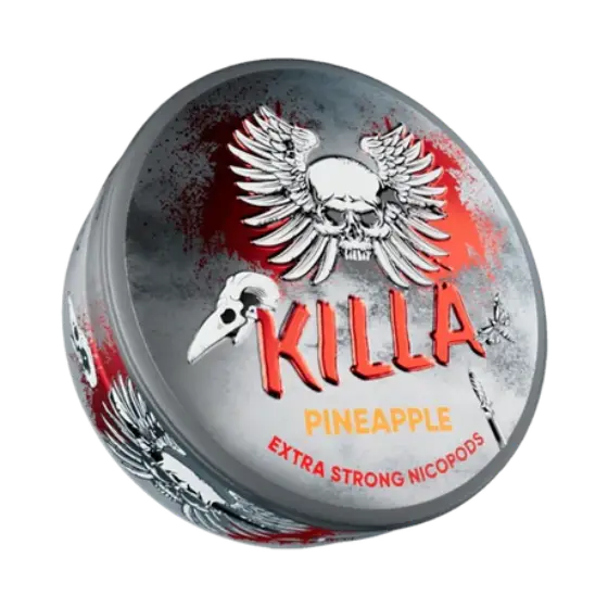 Tin lid with a grey and red background, featuring a skull with wings, a bird skull, a butterfly, and a dagger. Text: 'Killa' in red, 'Pineapple' in orange, and 'Extra Strong Nicopods' in red.