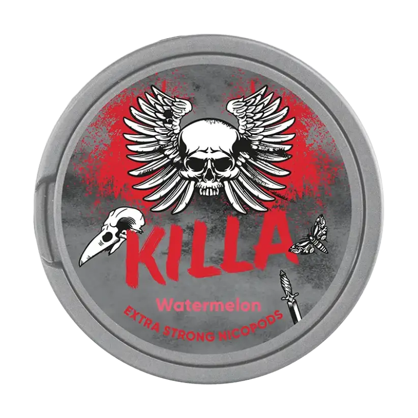 A round silver container with red paint splatter effect of KILLA Watermelon nicotine pouches. The lid design features a bold red "KILLA" logo, a winged skull, a raven skull, a butterfly, and a dagger.