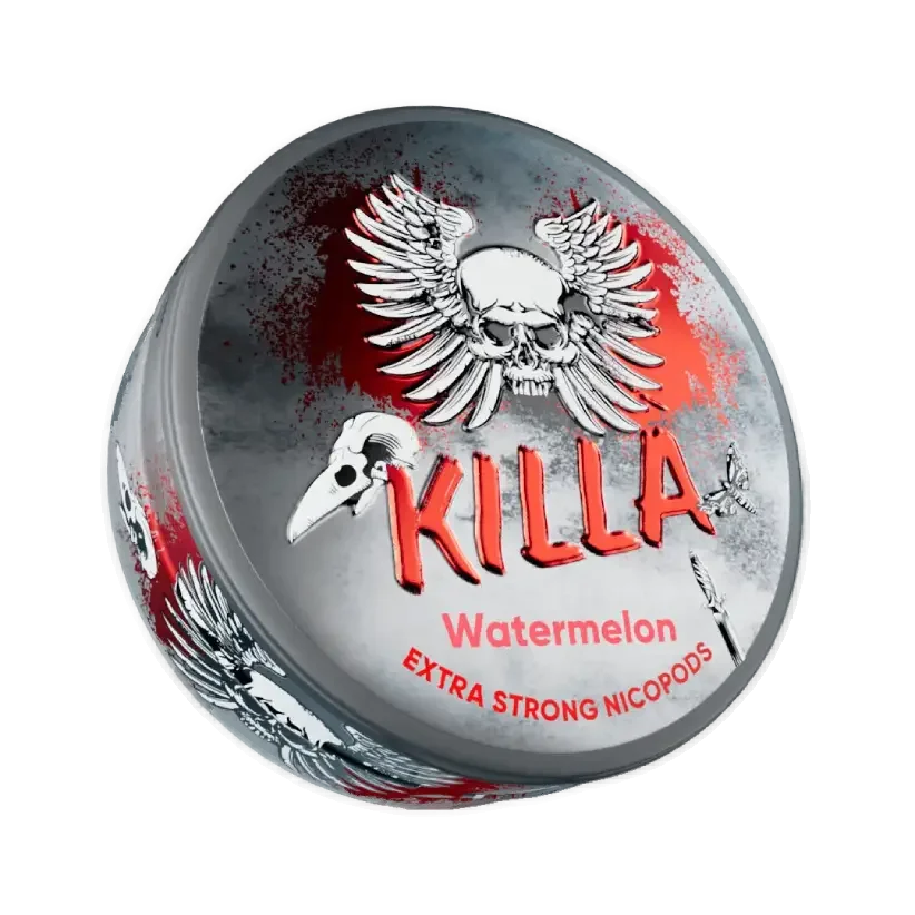 Grey and red tin with skull and wings design. Text: 'Killa' in red, 'Watermelon' in green, 'Extra Strong Nicopods' in red.