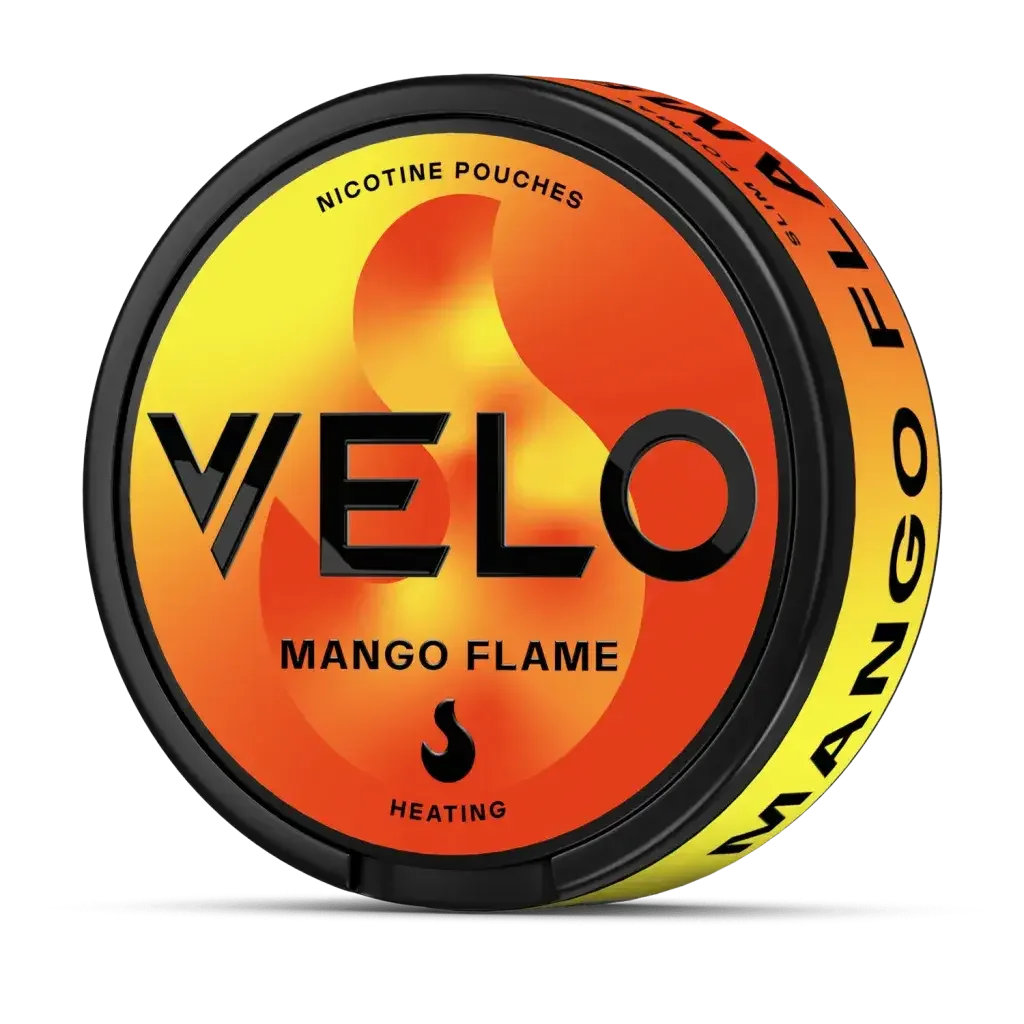 Container of Mango Flame Nicotine Pouches, 10mg, with a vibrant mango design.