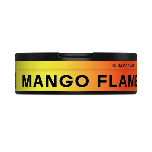 A yellow and orange container that mimics the look of a flame with a black outline. Text reads “nicotine pouches, VELO, Mango Flame’.