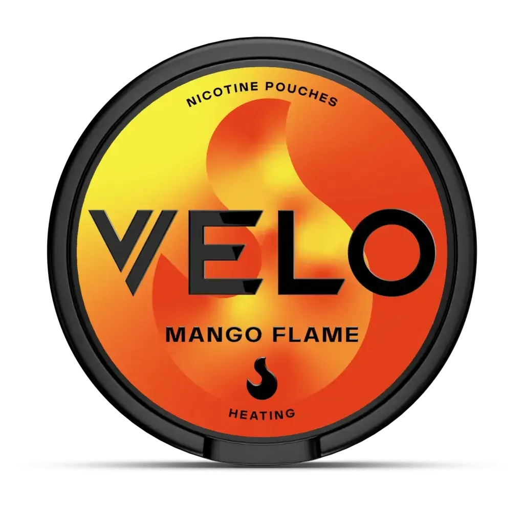 Container of Mango Flame Nicotine Pouches, 10mg, with a vibrant mango design.