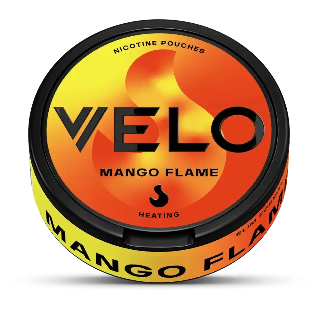A yellow and orange container that mimics the look of a flame with a black outline. Text reads “nicotine pouches, VELO, Mango Flame’.