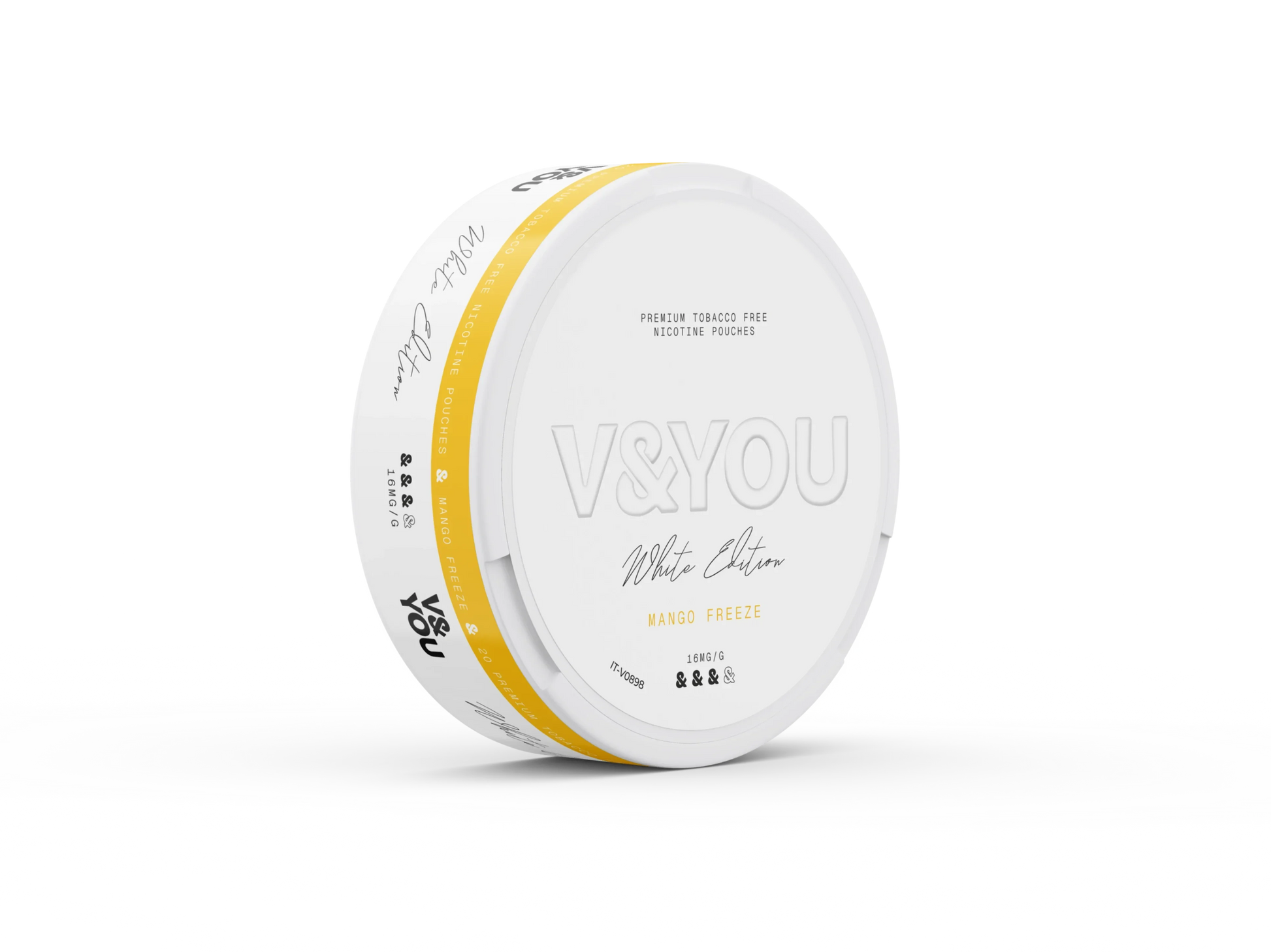 Round white container with labelled V&You Mango Freeze flavour and 16 mg/g strength.