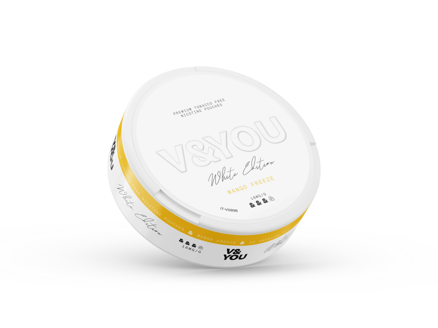 Round white container with labelled "V&You Mango Freeze" flavour and "16 mg/g" strength.