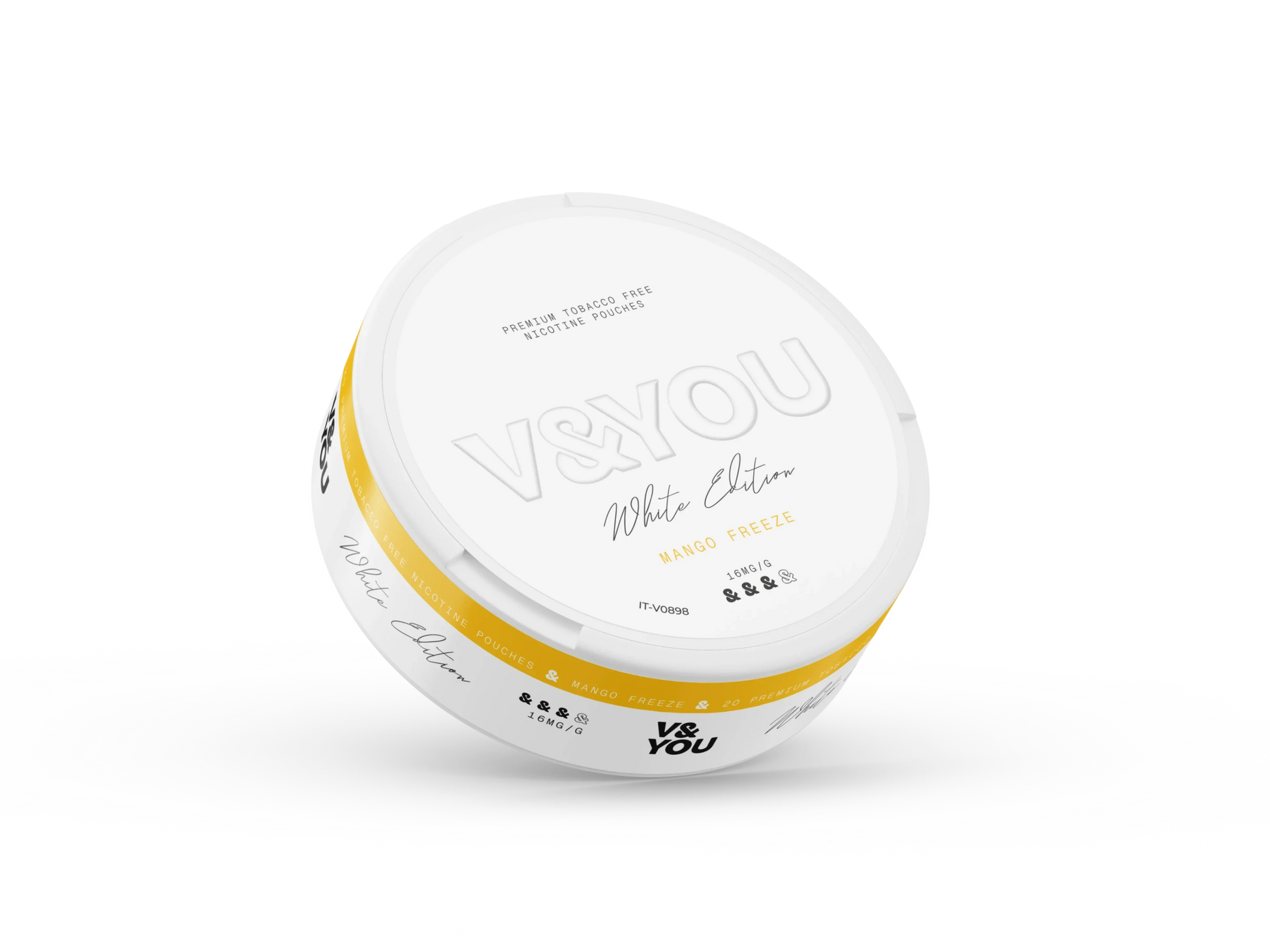 Round white container with labelled V&You Mango Freeze flavour and 16 mg/g strength.