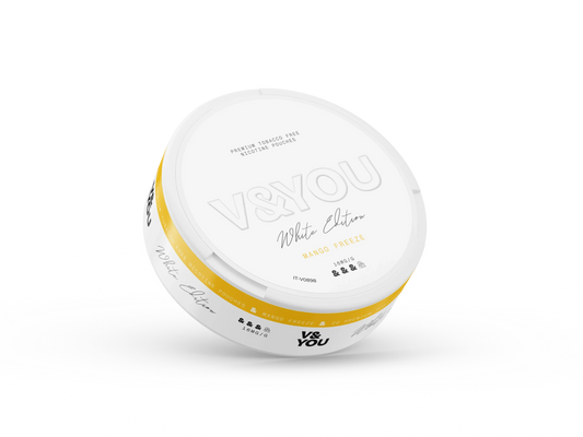 Round white container with labelled V&You Mango Freeze flavour and 16 mg/g strength.