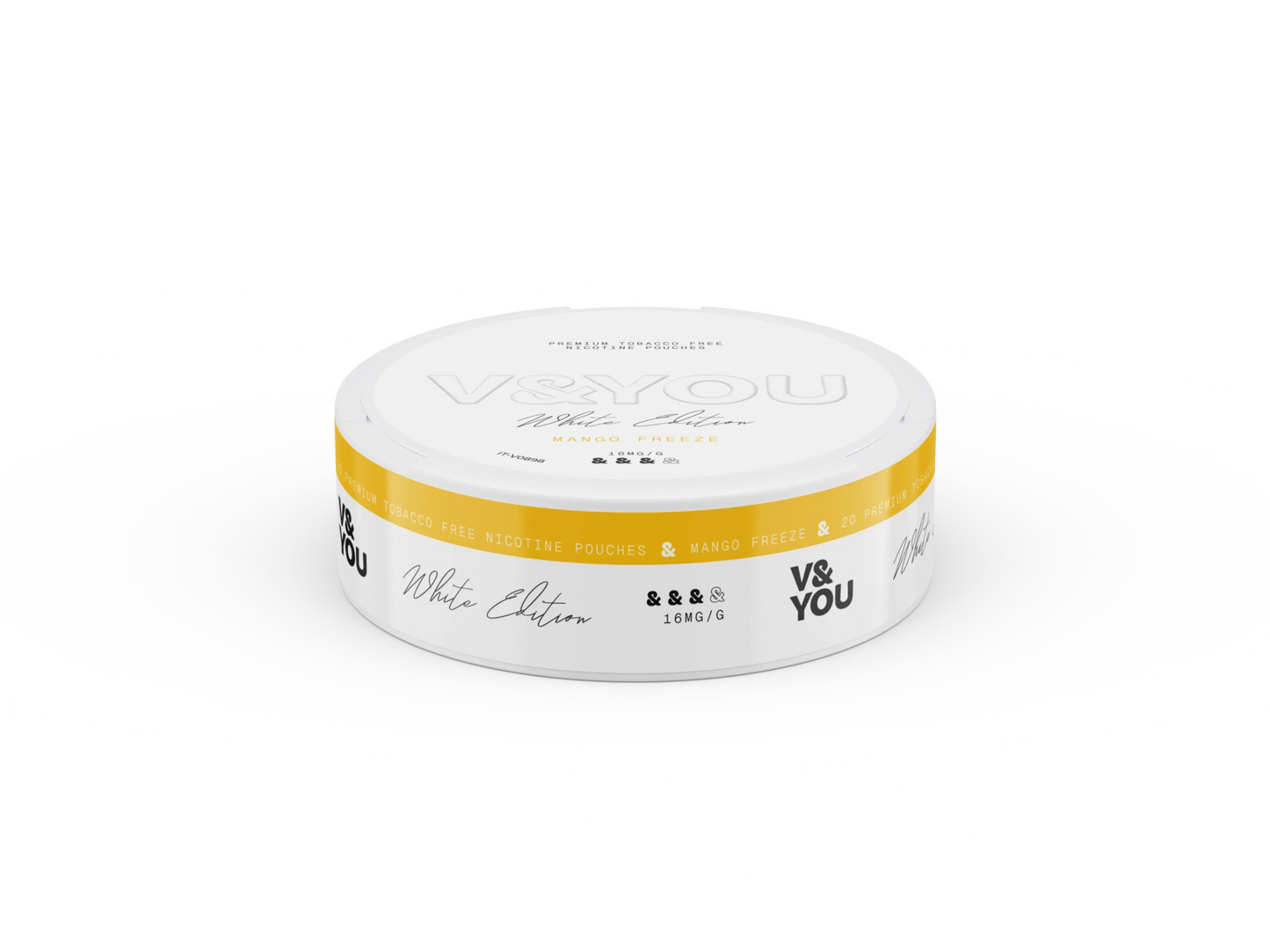 Round white container with labelled "V&You Mango Freeze" flavour and "16 mg/g" strength.