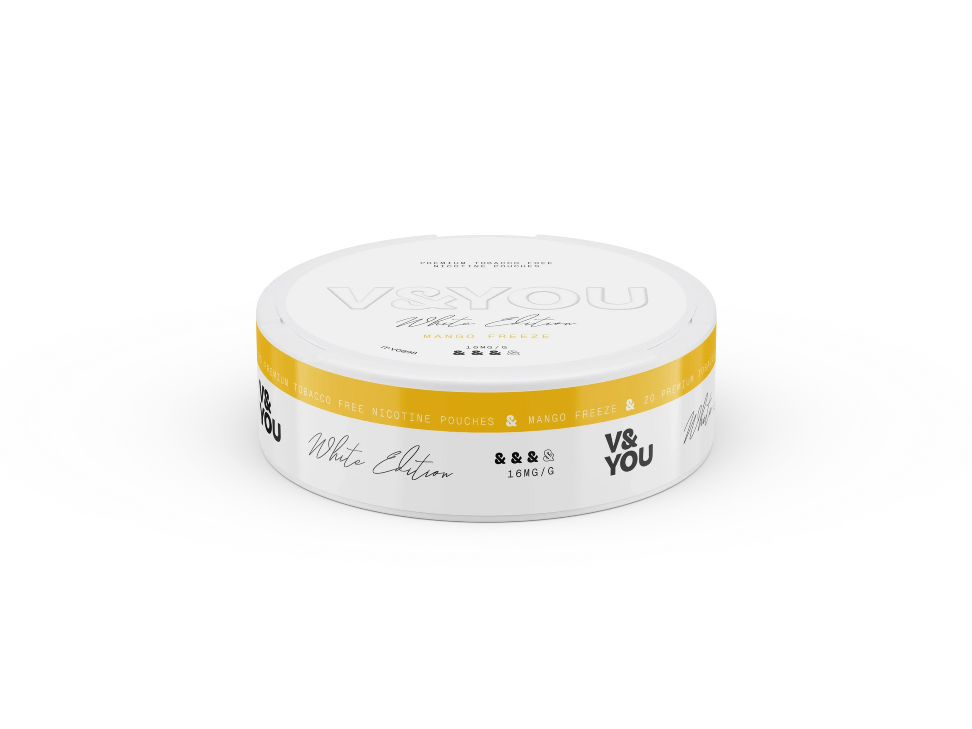Round white container with labelled V&You Mango Freeze flavour and 16 mg/g strength.