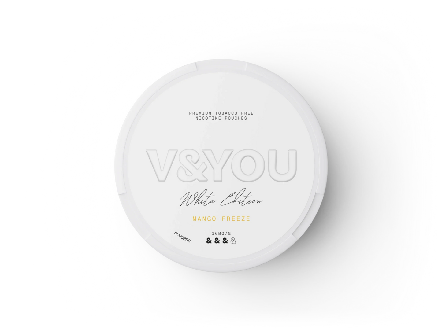 Round white container with labelled "V&You Mango Freeze" flavour and "16 mg/g" strength.
