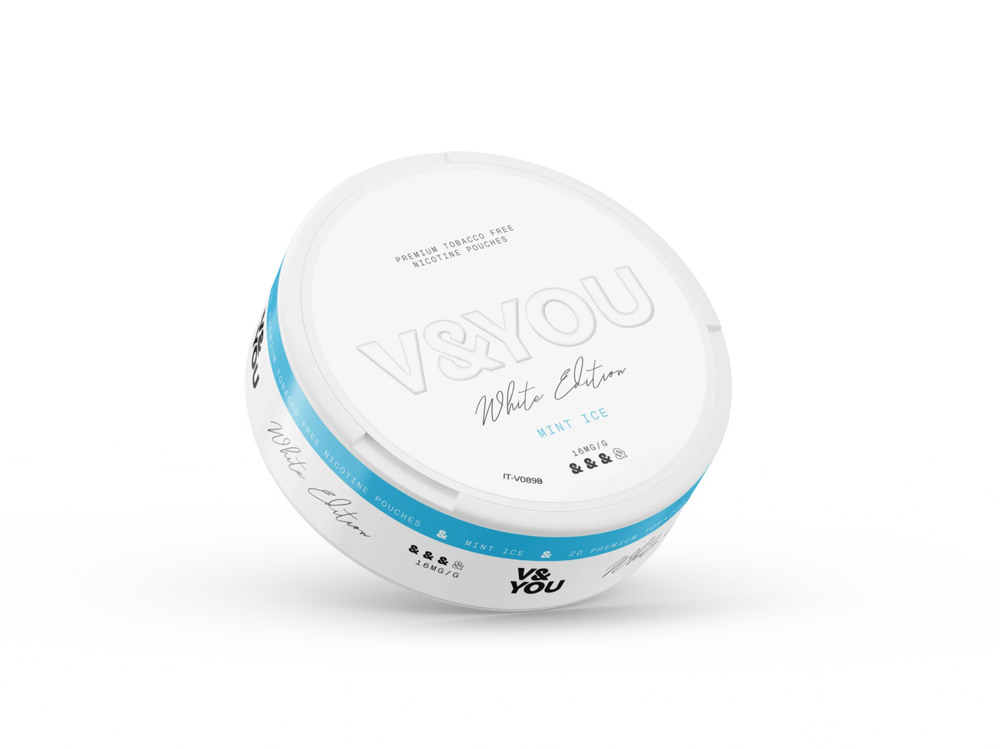 Round white container with labelled "V&You Mint Freeze" flavour and "16 mg/g" strength.