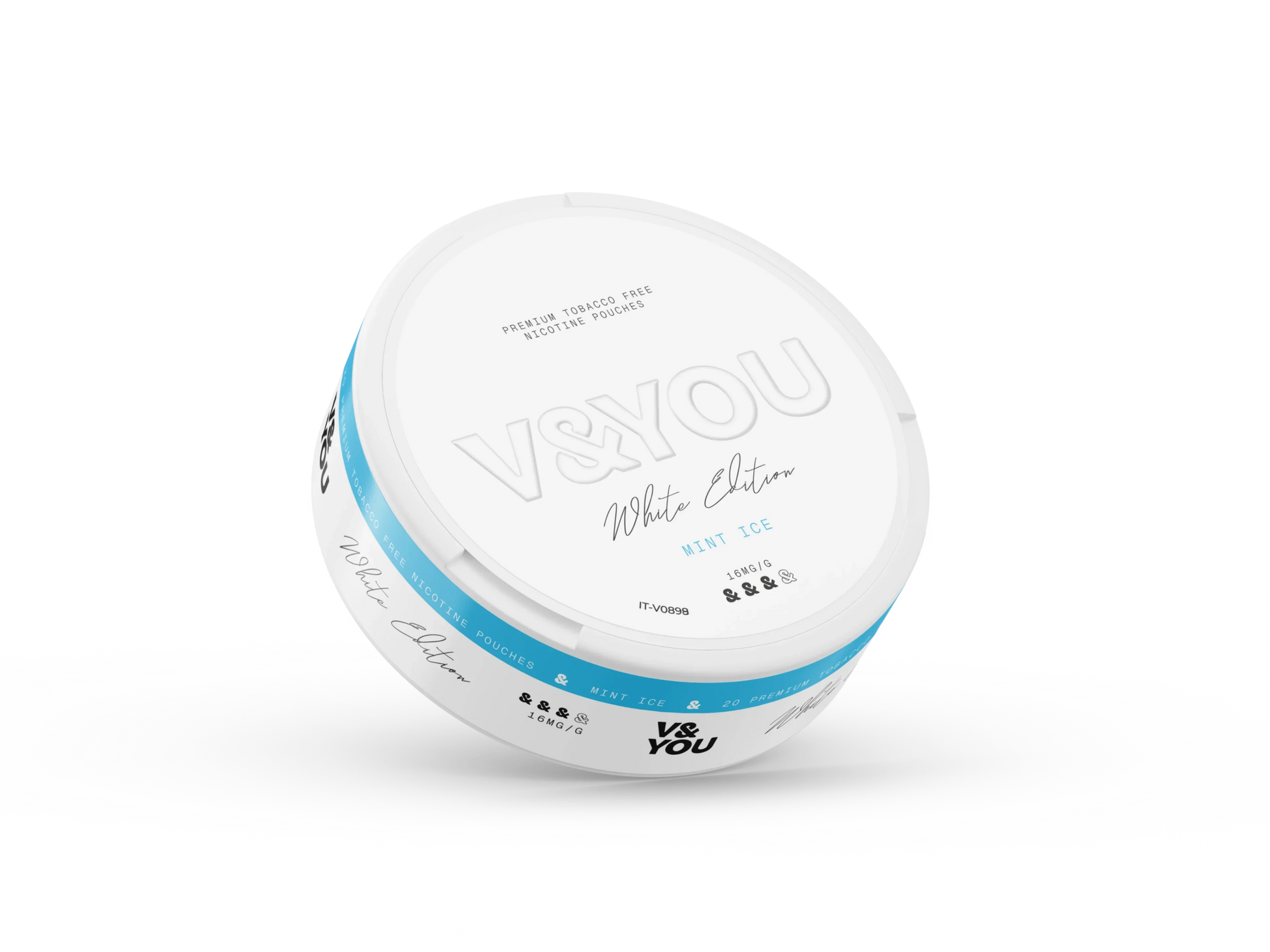 Round white container with labelled V&You Mint Freeze flavour and 16 mg/g strength.