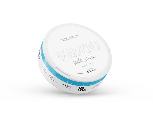 Round white container with labelled V&You Mint Freeze flavour and 16 mg/g strength.