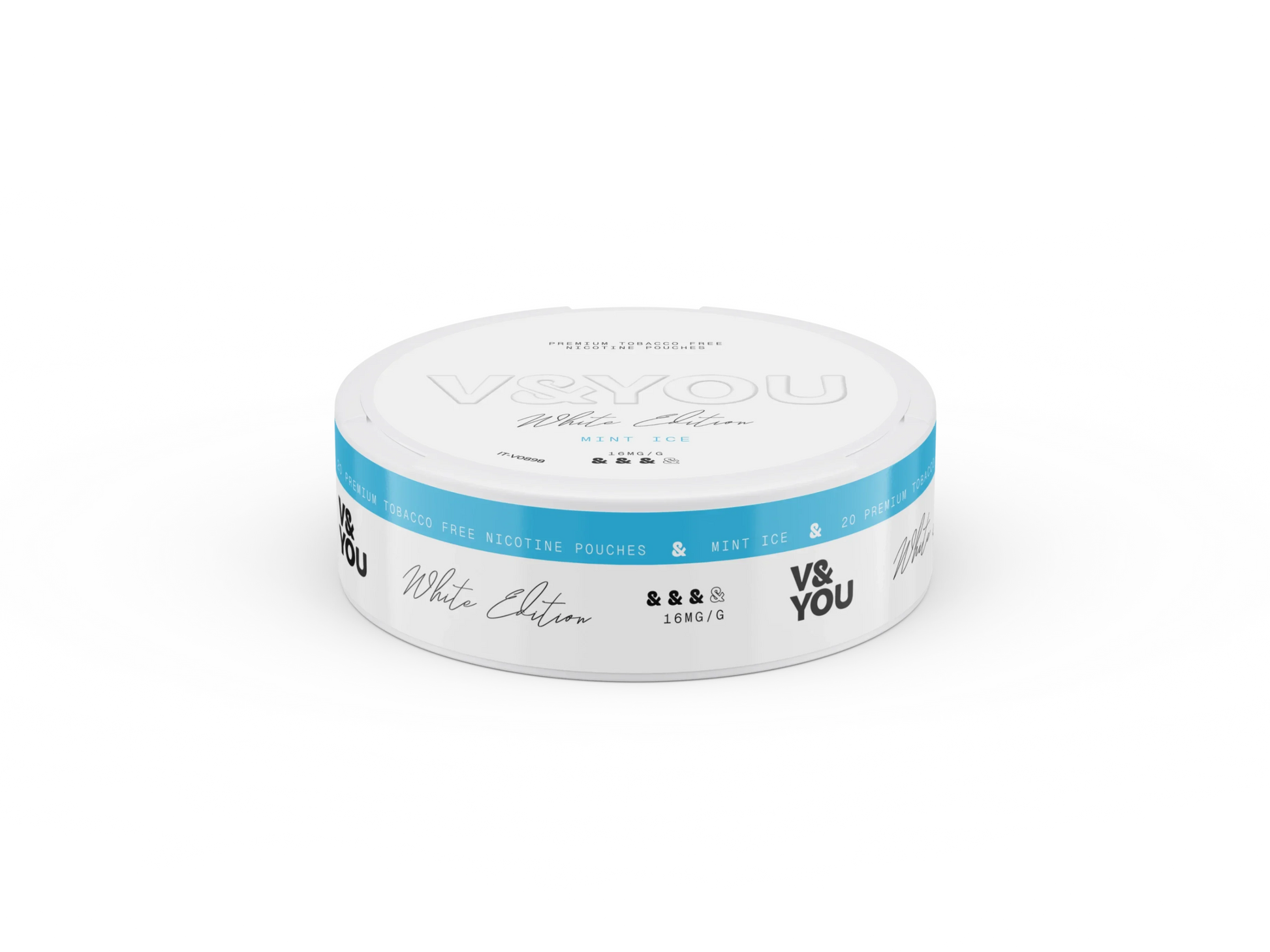 Round white container with labelled V&You Mint Freeze flavour and 16 mg/g strength.