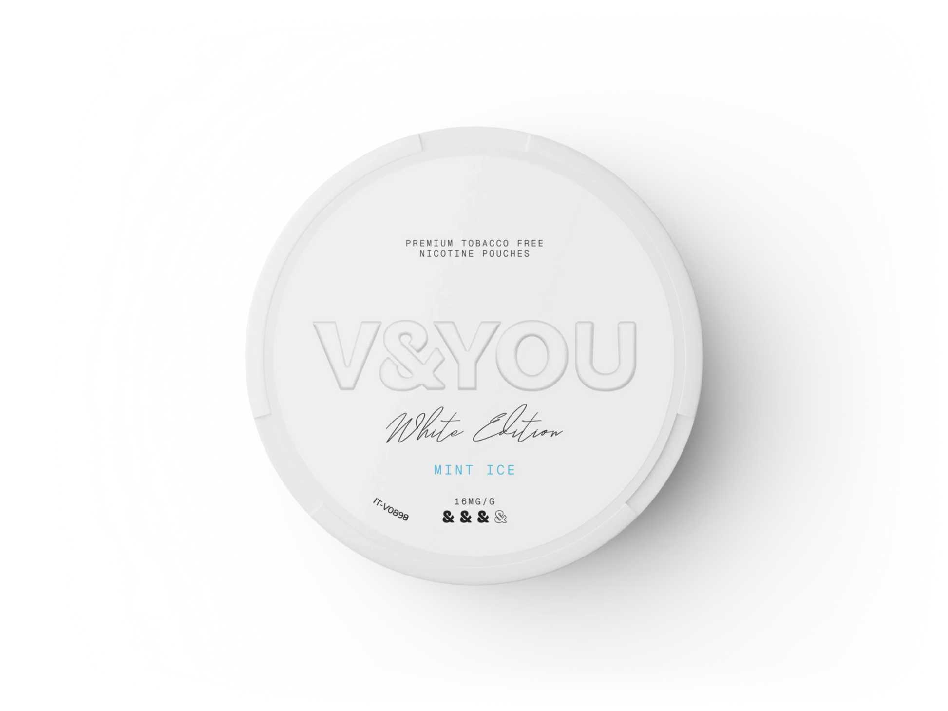V\&YOU White Edition nicotine pouches tin with a clean white design, labeled “Mint Ice,” 16mg/g, and marked as premium tobacco-free.