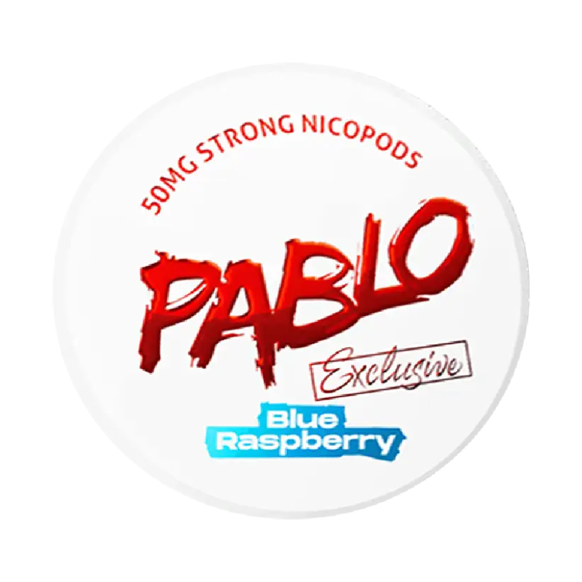A round white container of PABLO Exclusive Blue Raspberry nicotine pouches. The lid features a bold red "PABLO" logo with brushstroke style and "Blue Raspberry" in a blue banner at the bottom.