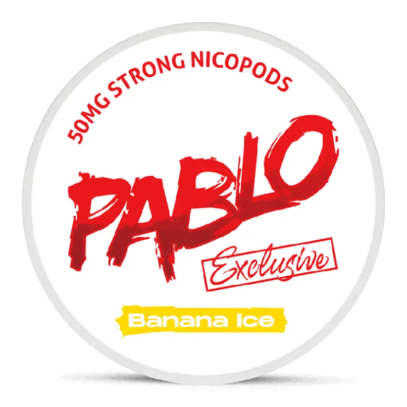 A round white container with a bold red logo of PABLO in a brushstroke style and "Banana Ice" in a yellow banner at the bottom.